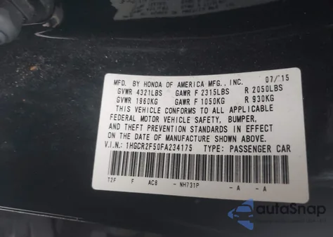 2015 Honda Accord Sport z USA, uszkodzony, nr VIN 1HGCR2F50FA234175